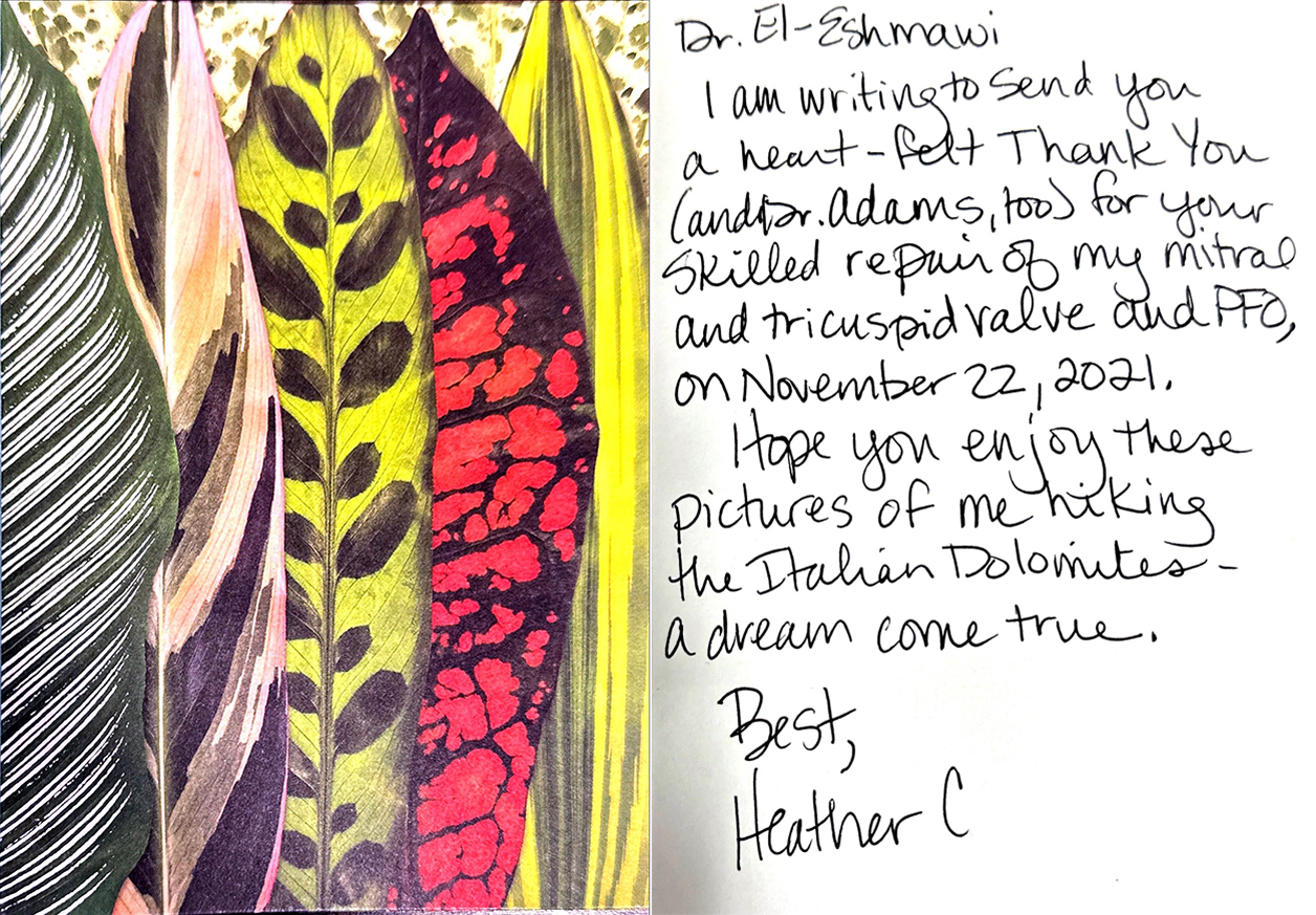 Thank you card to Dr. El-Eshmawi from Heather, one year after mitral valve repair surgery.