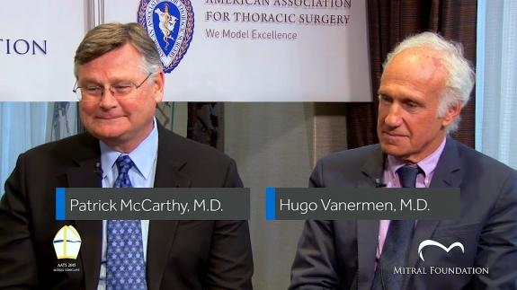 Screen capture of the video Patrick McCarthy and Hugo Vanerman: Debate Topic: 65-year-old Male with Severe Bi-leaflet Prolapse: Midline Approach vs. Mini-thoracotomy