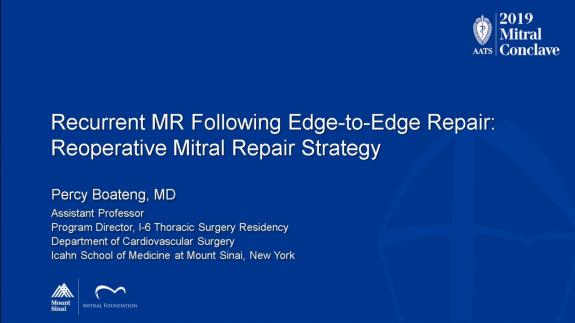 Screen capture of the video Percy Boateng: Recurrent Mitral Regurgitation Following Edge-to-Edge Repair: Reoperative Mitral Repair Strategy