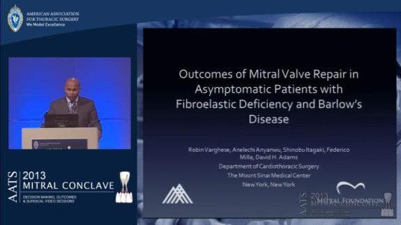 Screen capture of the video Robin Varghese: Outcomes of Mitral Valve Repair in Asymptomatic Patients with Fibroelastic Deficiency and Barlow&#039;s Disease